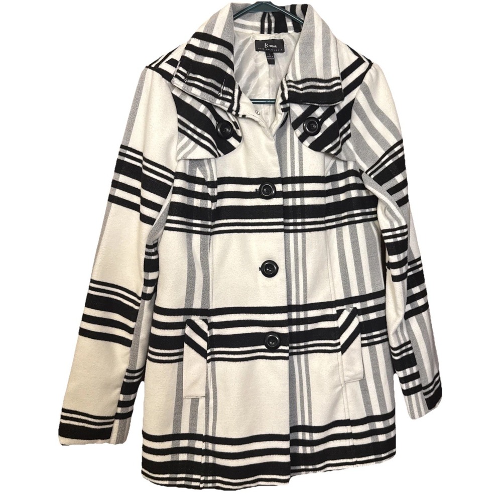 B-Wear Byer California‎ Women's L Plaid Peacoat Black White Button Coat Jacket